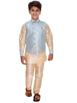 FOURFOLDS - Ethnic Wear Blue & Gold Kurta Pyjama with Jacket for Boys (Set of 3)