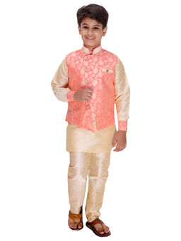 FOURFOLDS - Ethnic Wear Pink & Gold Kurta Pyjama with Jacket for Boys (Set of 3)