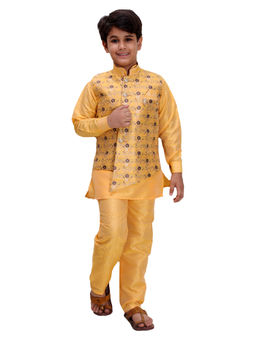 FOURFOLDS - Ethnic Wear Mustard Kurta Pyjama with Jacket for Boys (Set of 3)