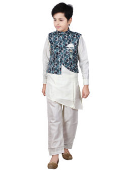 FOURFOLDS - Ethnic Wear Green & Grey Kurta Pyjama with Jacket for Boys (Set of 3)
