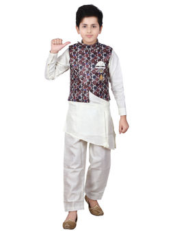 FOURFOLDS - Ethnic Wear Maroon & Grey Kurta Pyjama with Jacket for Boys (Set of 3)