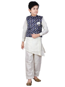 FOURFOLDS - Ethnic Wear Navy Blue & Grey Kurta Pyjama with Jacket for Boys (Set of 3)