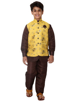 FOURFOLDS - Ethnic Wear Yellow & Brown Kurta Pyjama with Jacket for Boys (Set of 3)