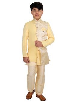FOURFOLDS - Mustard Jodhpuri Indo Western Kurta Pyjama with Jacket for Boys (Set of 3)