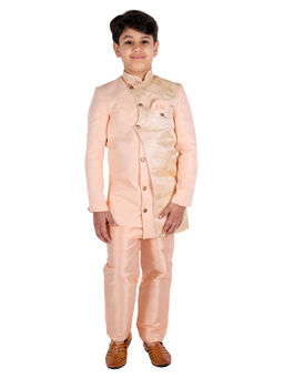 FOURFOLDS - Pink Jodhpuri Indo Western Kurta Pyjama with Jacket for Boys (Set of 3)
