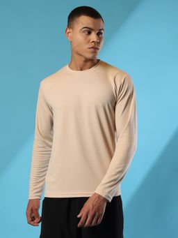 CHKOKKO - Men Beige Polyester Solid Regular Fit T-Shirt