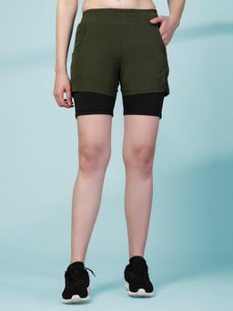 CHKOKKO - Double Layered Sports Gym Workout Running Olive Shorts for Women