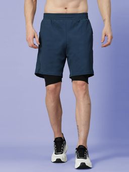 CHKOKKO - Men'S Running Sports Double Layered Teal Shorts with Phone Pocket