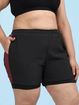 CHKOKKO - Plus Size Double Layered Sports Gym Workout Running Maroon Shorts for Women