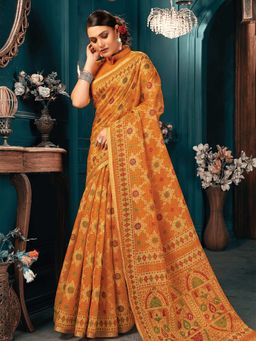 Odette - Womens Mustard Cotton Printed Saree with Unstitched Blouse