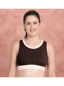 Shyaway - Dark Chocolate Medium Impact Round Neck Contrast Padded Sports Bra