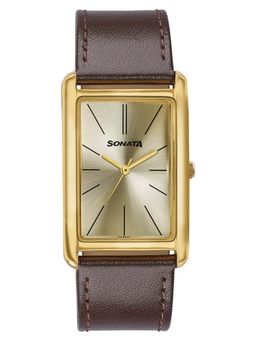 Sonata - Ascent with Quartz Light Champ Dial Brown Leather Strap Watch (77196YL01) (M)
