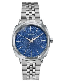 Sonata - Vector Blue Textured Dial Silver-Tone Watch (77197SM01) (M)