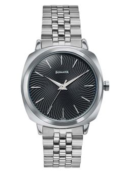 Sonata - Vector Black Textured Dial Silver-Tone Watch (77197SM02) (M)