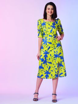 Globus - Women Green Floral Puffed Sleeve Midi Dress