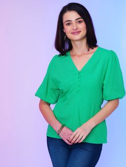 Globus - Women Green V-Neck Balloon Sleeves Peplum Top