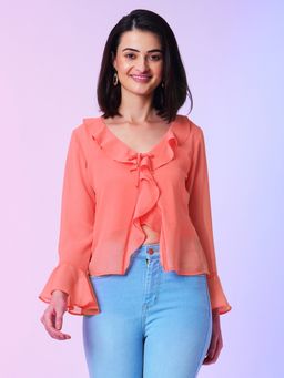 Globus - Women Coral Loose Fit Bell Sleeves Ruffled Shrug Top with Inner (Set of 2)