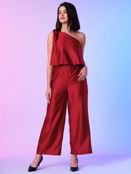 Globus - Women Maroon One Shoulder Tie-Up Party Jumpsuit