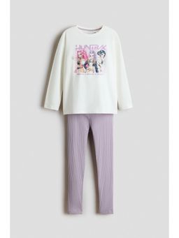 H&M - Girls White Print-Motif Cotton Pyjamas And T-Shirt