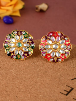 Silvermerc Designs - Gold Plated Hand Painted Kundan Engagement Finger Rings (Set of 2)
