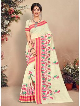 Sangam Prints - Cream Thread Work Traditional Saree with Unstitched Blouse