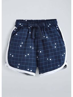 Hopscotch - Navy Blue Checkered Floral Cotton Shorts
