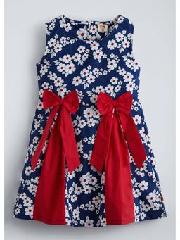 Hopscotch - Navy Blue Cotton Floral Bow Applique Dress