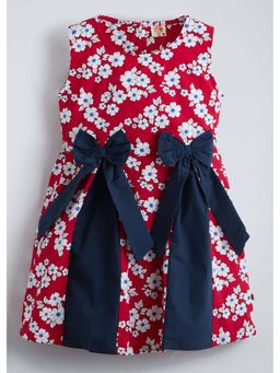 Hopscotch - Red Cotton Floral Bow Applique Dress