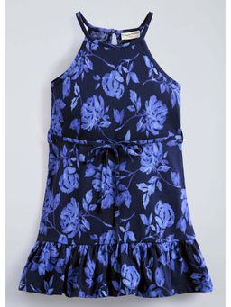 Hopscotch - Navy Blue Rose Halter Neck Cotton Dress