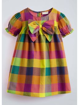 Hopscotch - Multi-Colour Checkered Bow Applique Dress