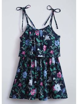 Hopscotch - Navy Blue Bow Applique Floral Cotton Dress