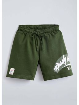 Hopscotch - Olive Typography Cotton Shorts