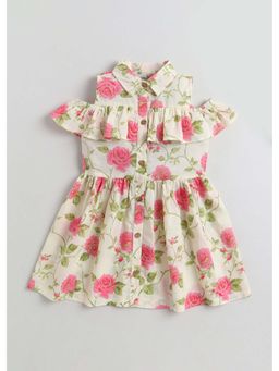 Hopscotch - Cream Rose Ruffled Collared Cotton Dress