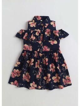 Hopscotch - Navy Blue Floral Ruffled Collared Cotton Dress