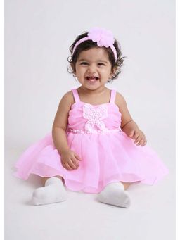 Hopscotch - Pink Pearl Bow Applique Net Dress