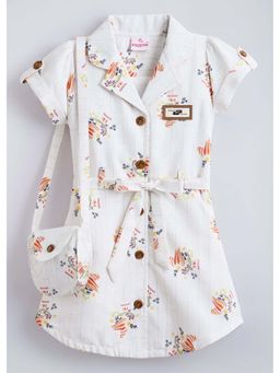 Hopscotch - White All Over Print Cotton Dress with Bag