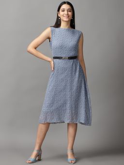 SHOWOFF - Womens Boat Neck Knee Length Blue Printed Dress