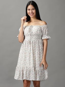 SHOWOFF - Womens Fit And Flare White Printed Dress