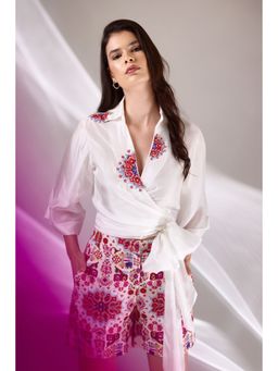 BETRUE - White Mandala Silk Embroidered Wrap Shirt