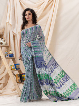 Angoshobha - Traditional Grey Soft Dhakai Jamdani Saree with Unstitched Blouse