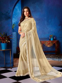 Odette - Beige Lycra Net Fancy Net Designer Saree with Unstitched Blouse