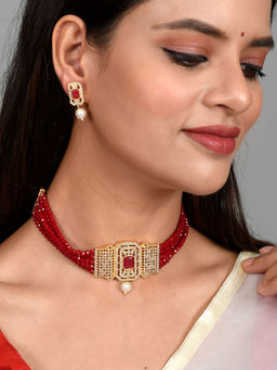 Silvermerc Designs - Gold Plated American Diamond Layered Choker Jewellery Set