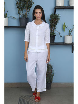 Barara Ethnic - Classic White Linen Loungewear Set (Set of 2)