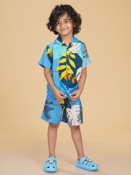 Ninos Dreams - Blue Yellow Leaves Boys Rayon Co-Ord (Set of 2)