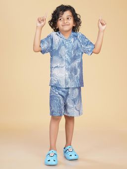 Ninos Dreams - Blue Boys Cotton Rayon Marble Print Co-Ord (Set of 2)