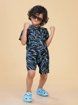 Ninos Dreams - Navy Blue Waves Print Boys Rayon Co-Ord (Set of 2)
