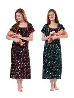 PIU - Womens Cotton Feeding Nighty- Brown Green (Pack of 2)