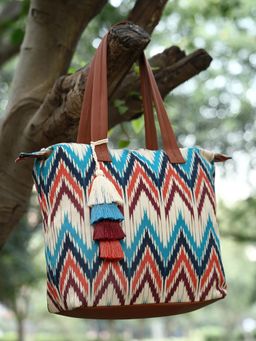 Anekaant - Rangoli Cream, Tan & Multi Ikat Digital Printed Polycotton Canvas & PU Tote Bag