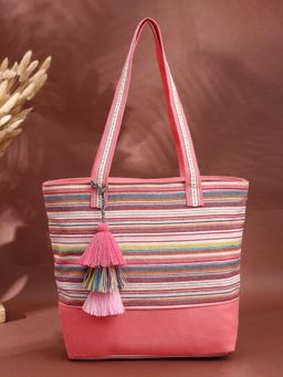Anekaant - Eco- friendly Coral & Multi Striped Jacquard Cotton Canvas Tote Bag
