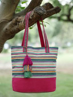 Anekaant - Eco- friendly Magenta & Multi Striped Jacquard Cotton Canvas Tote Bag
